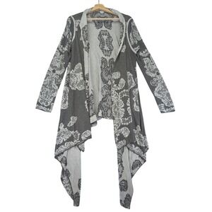 Neiman Marcus Gray Lace Print Waterfall Cardigan Sweater Duster Open Front Large